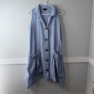 For Cynthia Blue and White Striped Lagenlook Linen Blend Button-Up Shirt